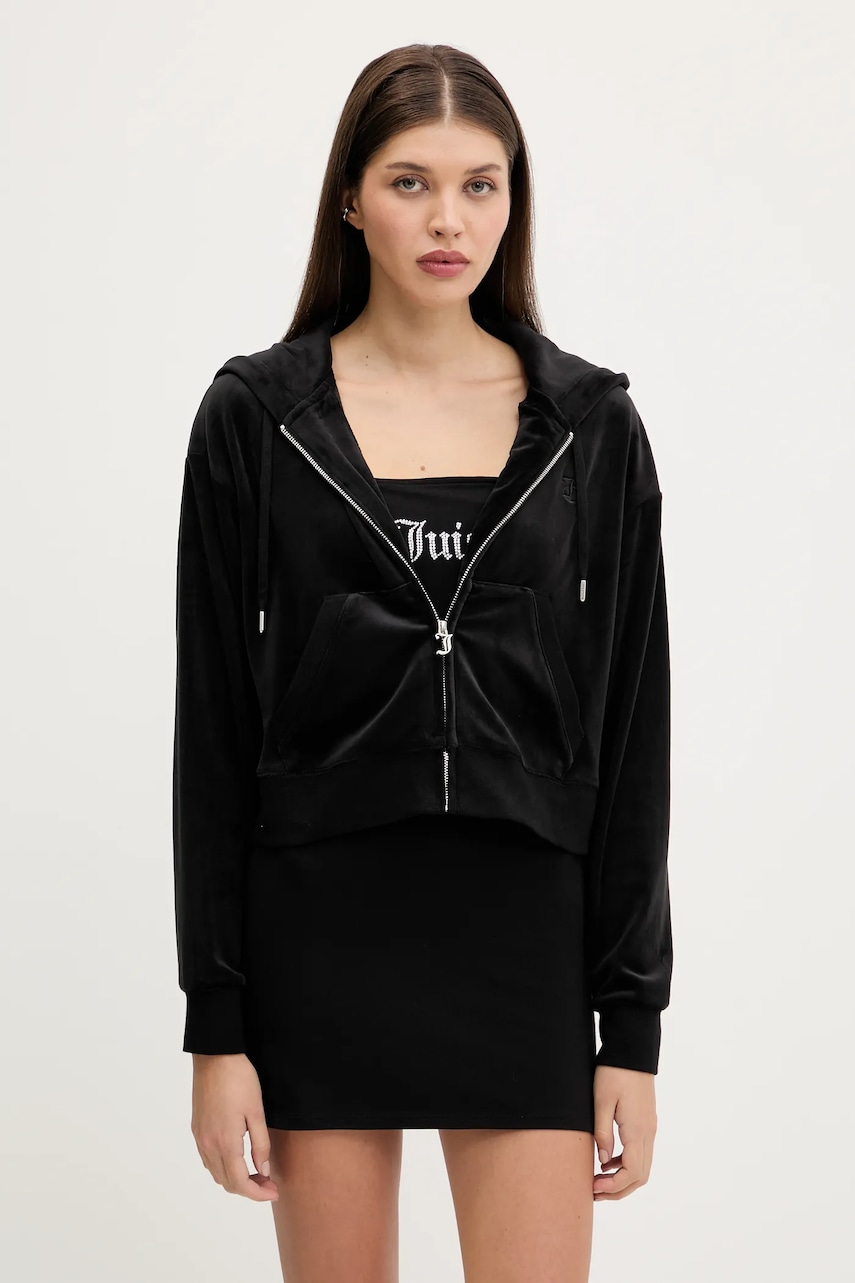 Βελούδινη μπλούζα Juicy Couture BRENDAL CROP OVERSIZED HOODIE χρώμα: μαύρο, με κουκούλα, JCBAS225801
