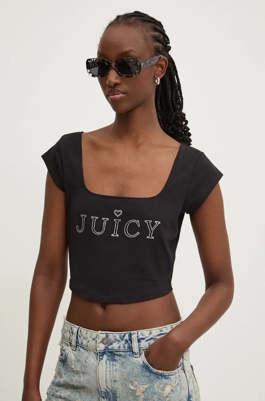 Μπλουζάκι Juicy Couture REGAL SQUARE NECK CROPPED TEE χρώμα: μαύρο, JCBCT224831