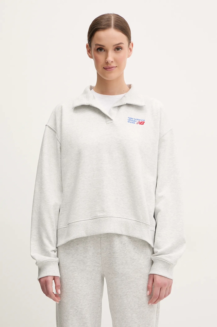 Βαμβακερή μπλούζα New Balance γυναικεία, χρώμα: γκρι, WT51513AHH