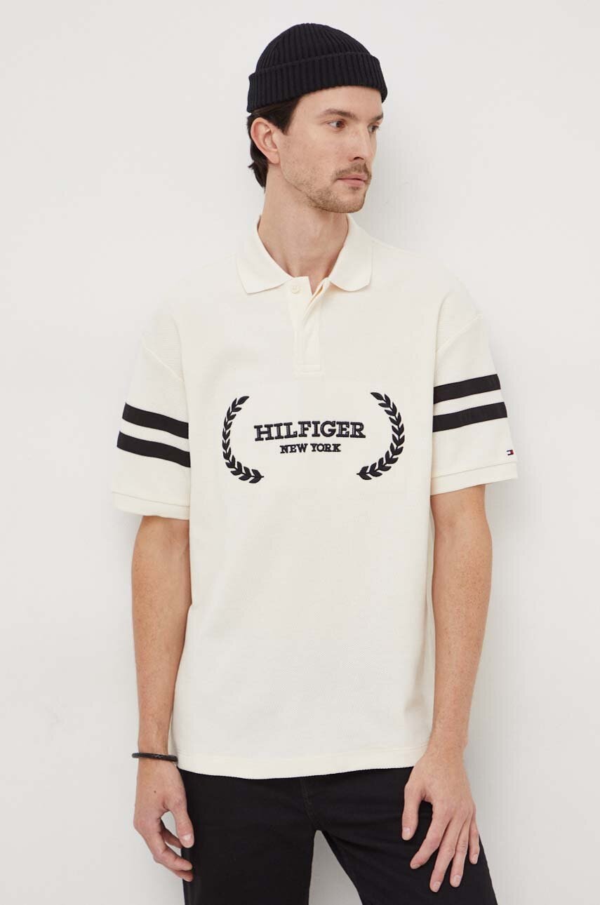 Βαμβακερό μπλουζάκι πόλο Tommy Hilfiger χρώμα: μπεζ