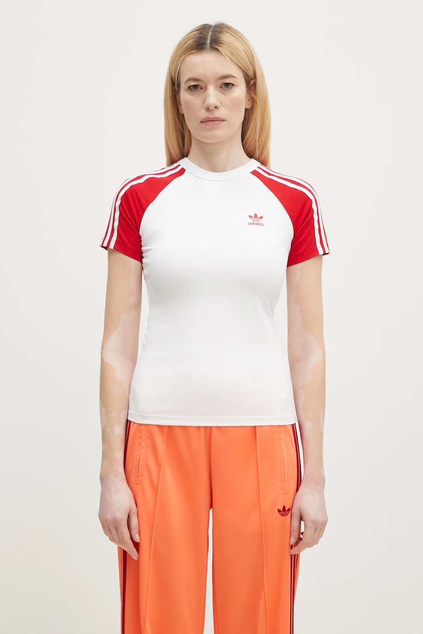 Βαμβακερό μπλουζάκι adidas Originals Adicolor 3 Stripe Raglan Slim Tee γυναικείο, χρώμα: άσπρο, JD0835
