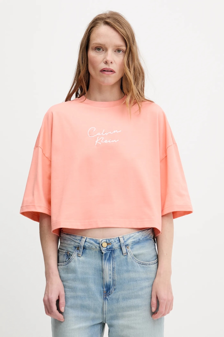 Βαμβακερό μπλουζάκι Calvin Klein Jeans χρώμα: πορτοκαλί, LV047C202G