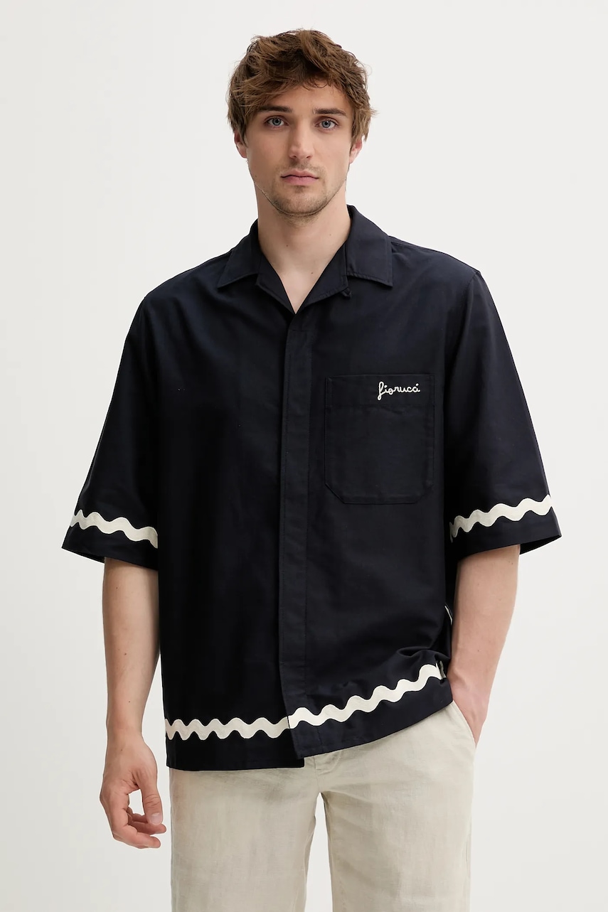 Βαμβακερό πουκάμισο Fiorucci Wave Trim Logo Embroidered Bowling Shirt ανδρικό, χρώμα: ναυτικό μπλε, M02SMTSS295CO01BL05