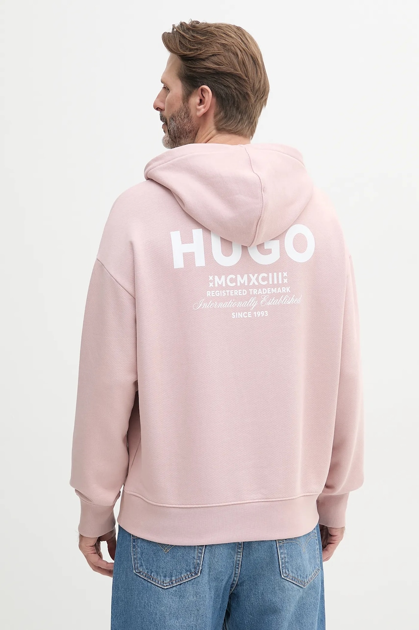 Βαμβακερή μπλούζα Hugo Blue χρώμα: ροζ, με κουκούλα, 50510724