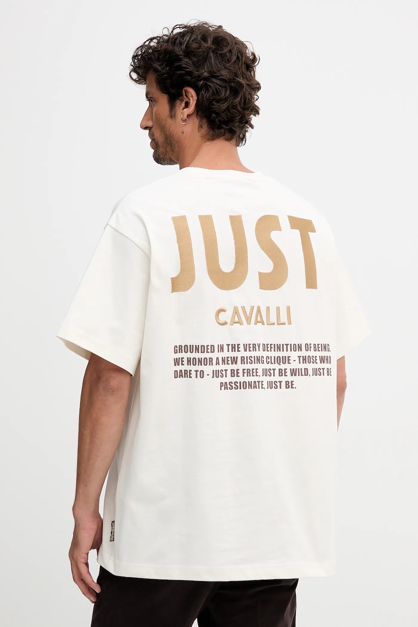 Βαμβακερό μπλουζάκι Just Cavalli ανδρικό, χρώμα: μπεζ, 79OAHT17 CJ518