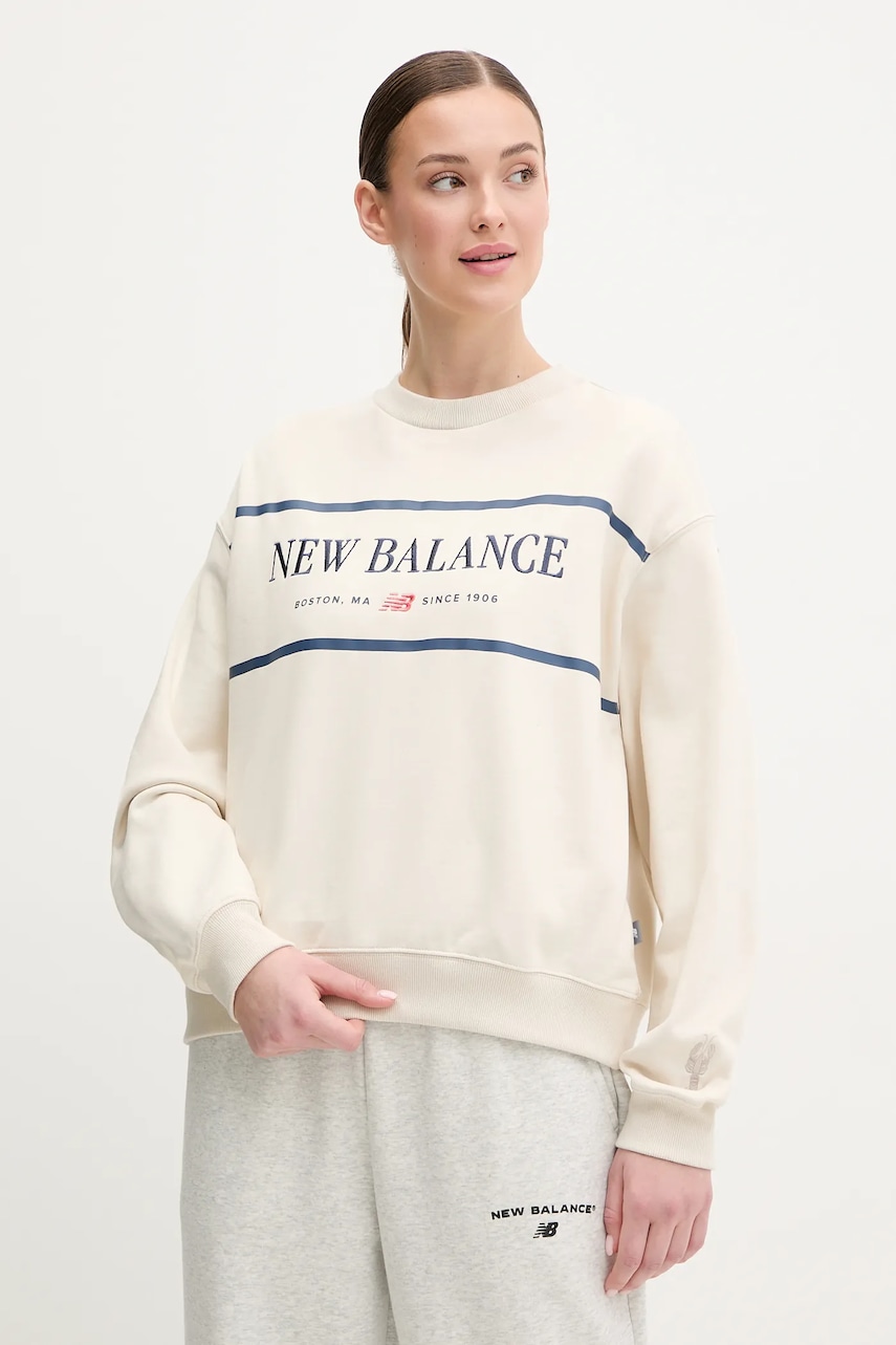 Βαμβακερή μπλούζα New Balance γυναικεία, χρώμα: μπεζ, WT51923LIN