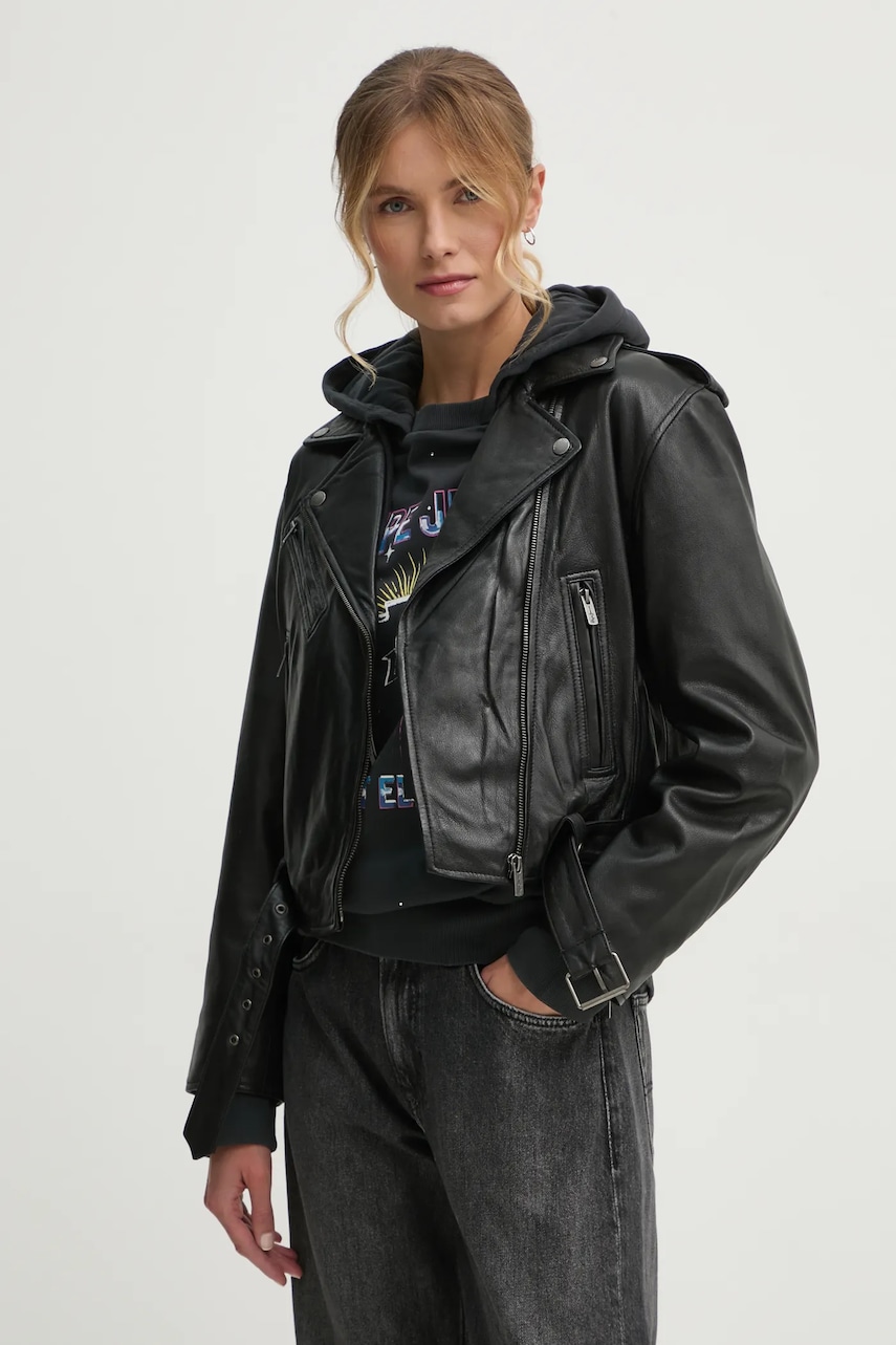 Δερμάτινo jacket Pepe Jeans FRANKA γυναικείο, χρώμα: μαύρο, PL402494