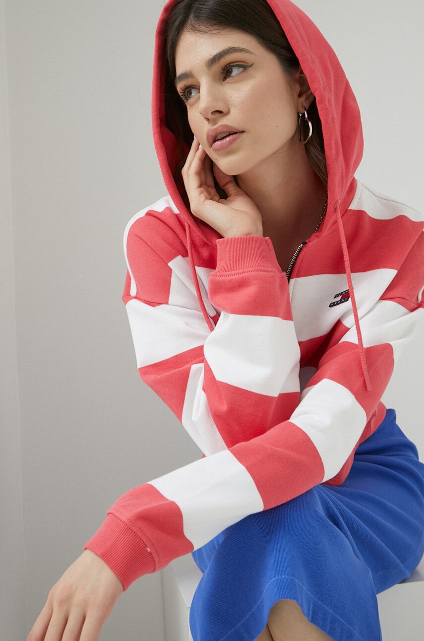 Βαμβακερή μπλούζα Tommy Jeans γυναικεία, χρώμα: ροζ, με κουκούλα