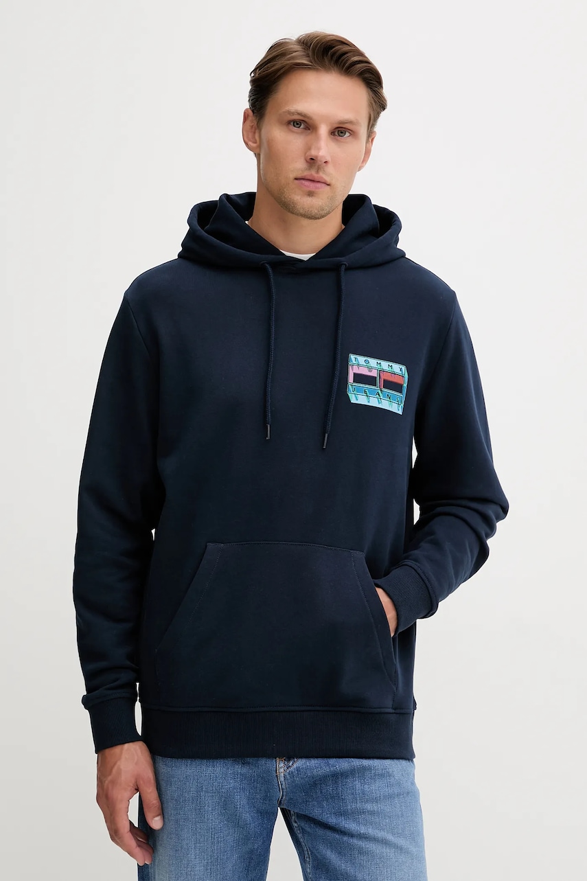 Βαμβακερή μπλούζα Tommy Jeans χρώμα: ναυτικό μπλε, με κουκούλα, DM0DM22077