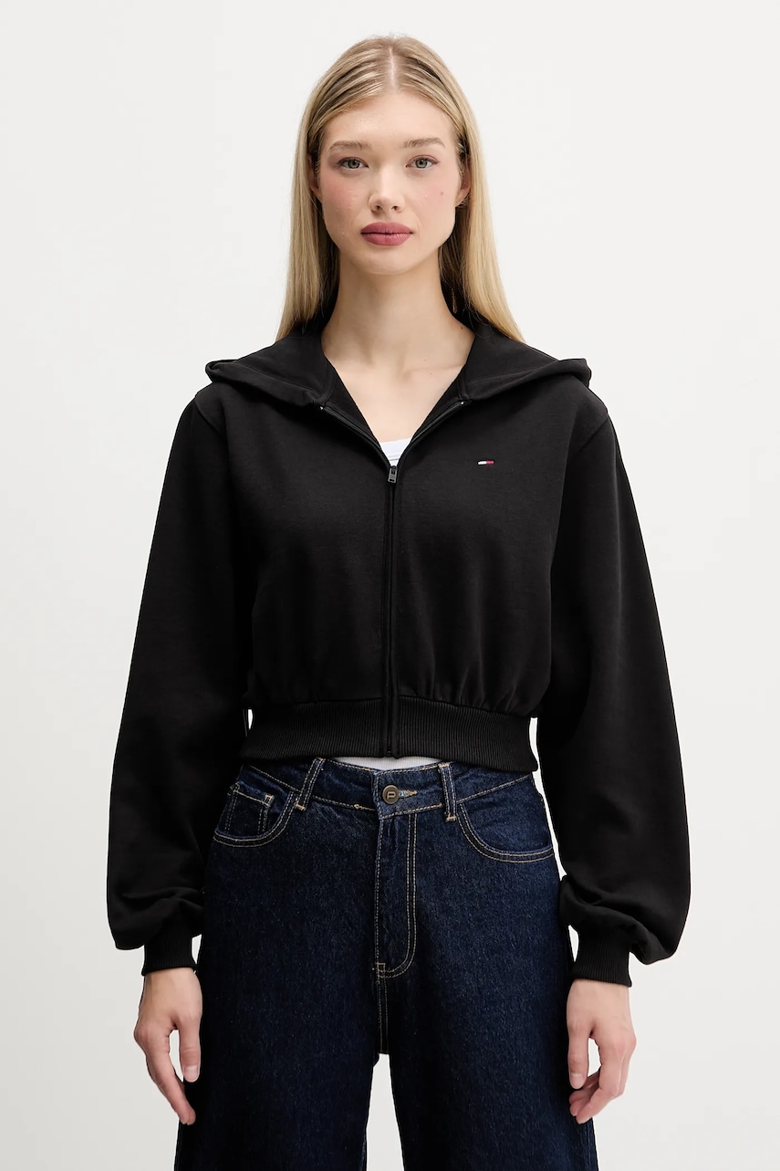 Βαμβακερή μπλούζα Tommy Jeans γυναικεία, χρώμα: μαύρο, με κουκούλα, DW0DW21590