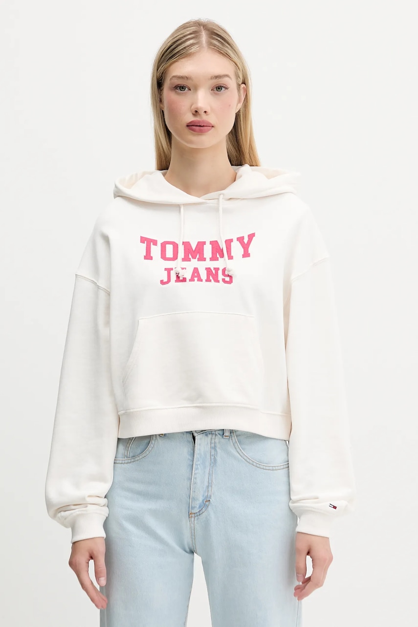 Βαμβακερή μπλούζα Tommy Jeans γυναικεία, χρώμα: μπεζ, με κουκούλα, DW0DW21598