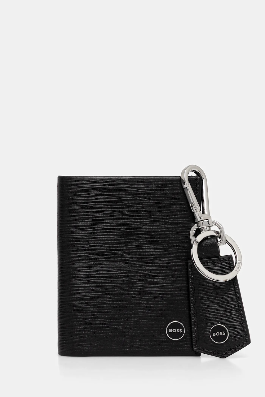 Δερμάτινο πορτοφόλι + μπρελόκ BOSS ανδρικό, χρώμα: μαύρο, 50552891