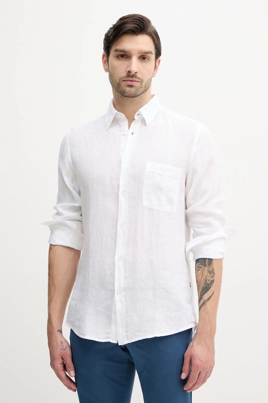 Πουκάμισο από λινό BOSS Orange ανδρικό, χρώμα: άσπρο, 50537381