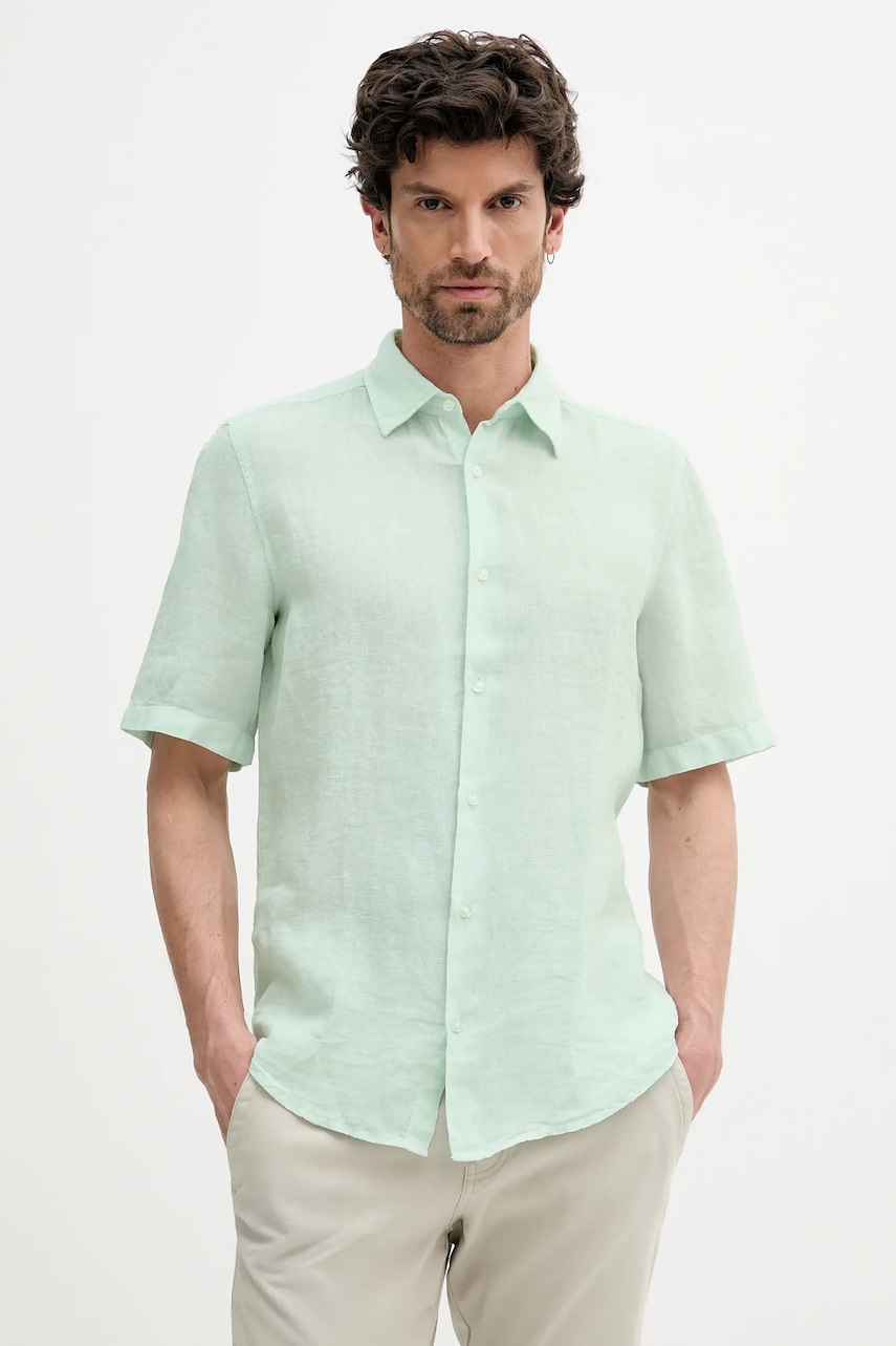 Πουκάμισο από λινό BOSS Orange ανδρικό, χρώμα: τιρκουάζ, 50537382