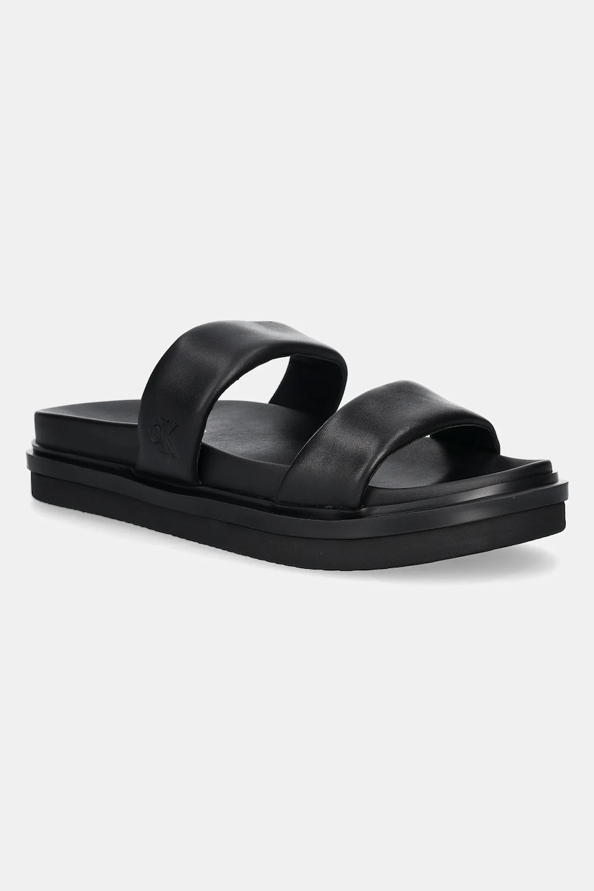 Παντόφλες Calvin Klein Jeans FLAT MOLDED DOUBLEBAR SANDAL LTH χρώμα: μαύρο, YM0YM01226