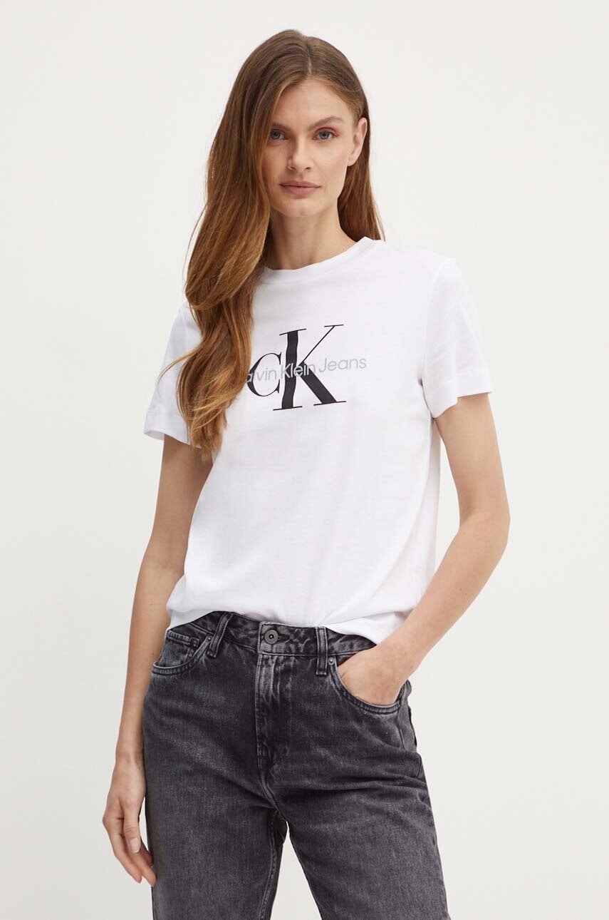 Βαμβακερό μπλουζάκι Calvin Klein Jeans γυναικείο, χρώμα: άσπρο, J20J219142