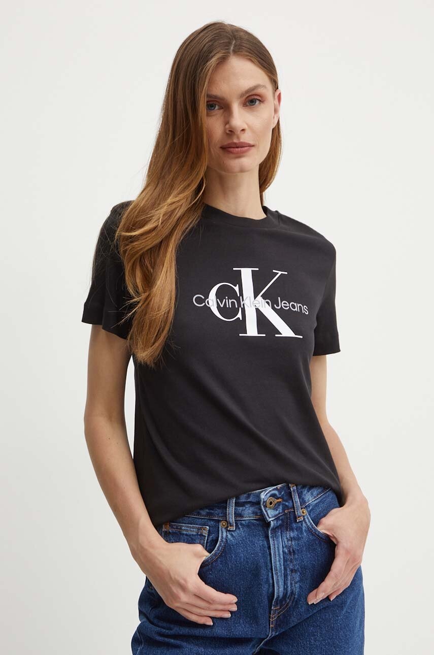 Βαμβακερό μπλουζάκι Calvin Klein Jeans γυναικείο, χρώμα: μαύρο, J20J219142