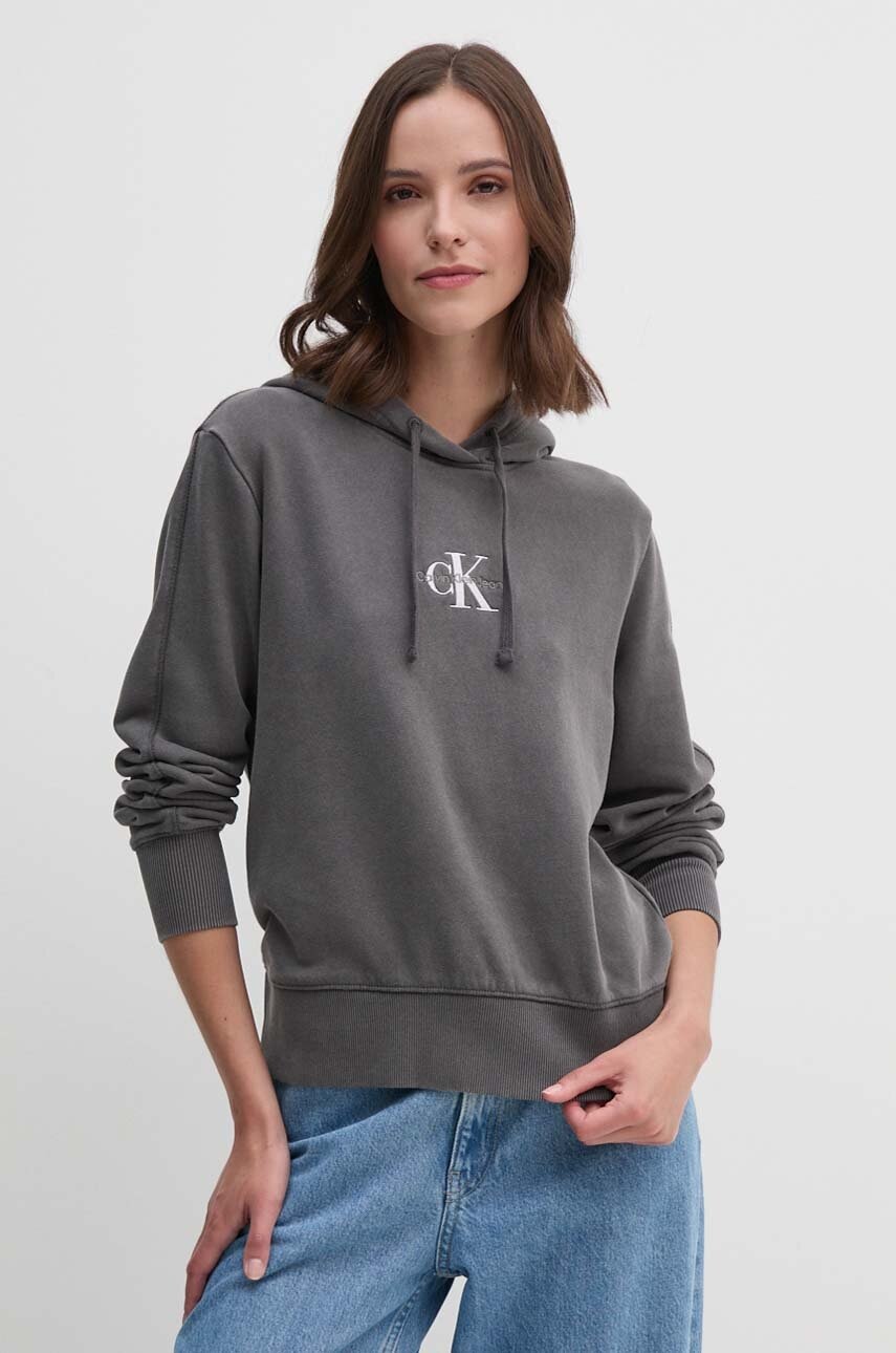 Βαμβακερή μπλούζα Calvin Klein Jeans χρώμα: γκρι, με κουκούλα, J20J223534