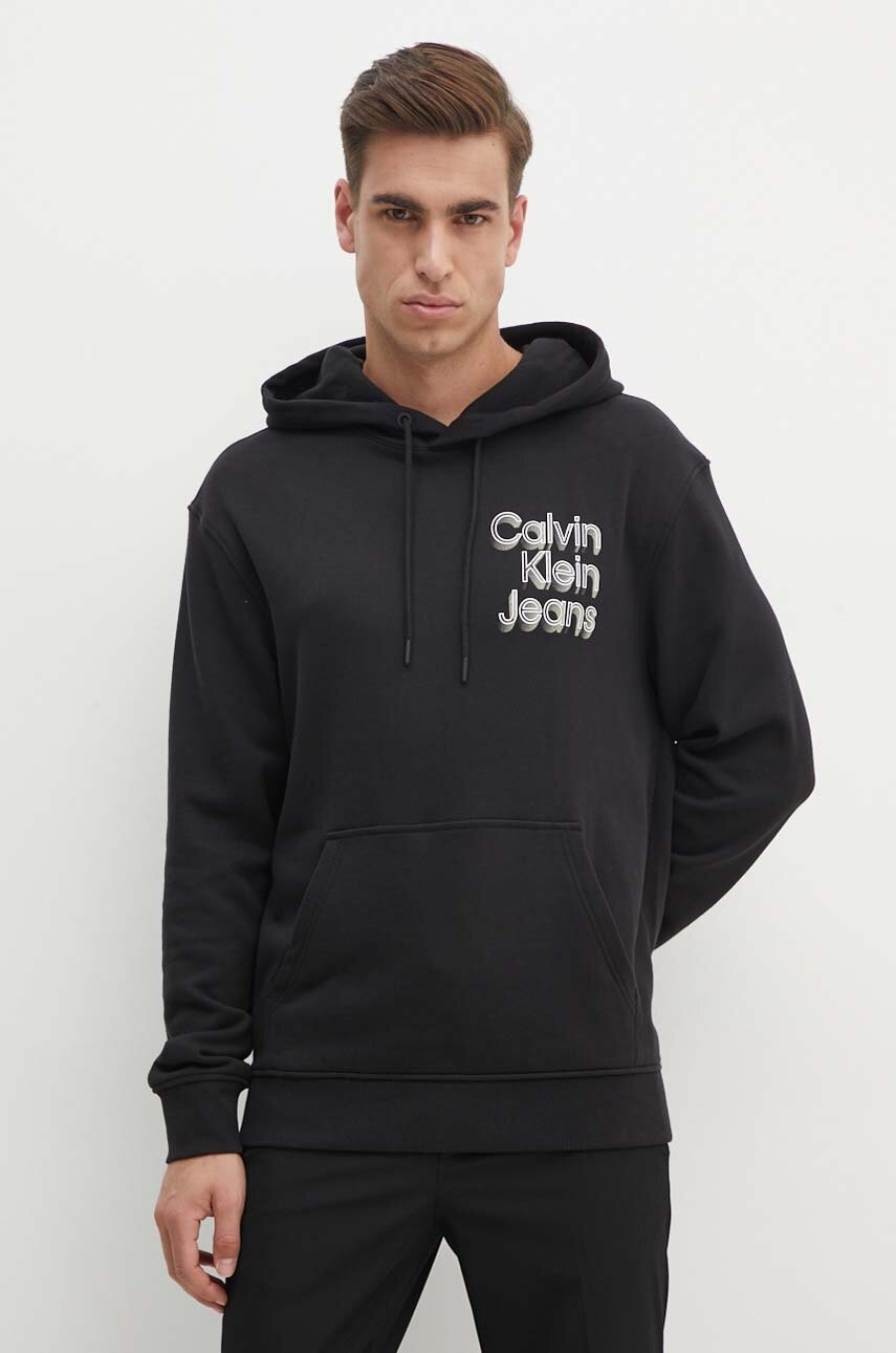 Βαμβακερή μπλούζα Calvin Klein Jeans χρώμα: μαύρο, με κουκούλα, J30J325927