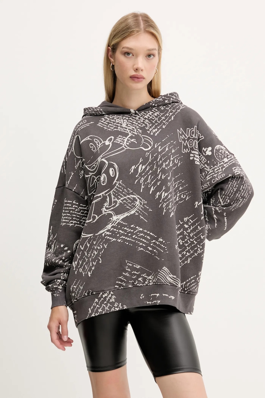 Βαμβακερή μπλούζα Desigual LETTERS MICKEY γυναικεία, χρώμα: γκρι, με κουκούλα, 25WWSK03