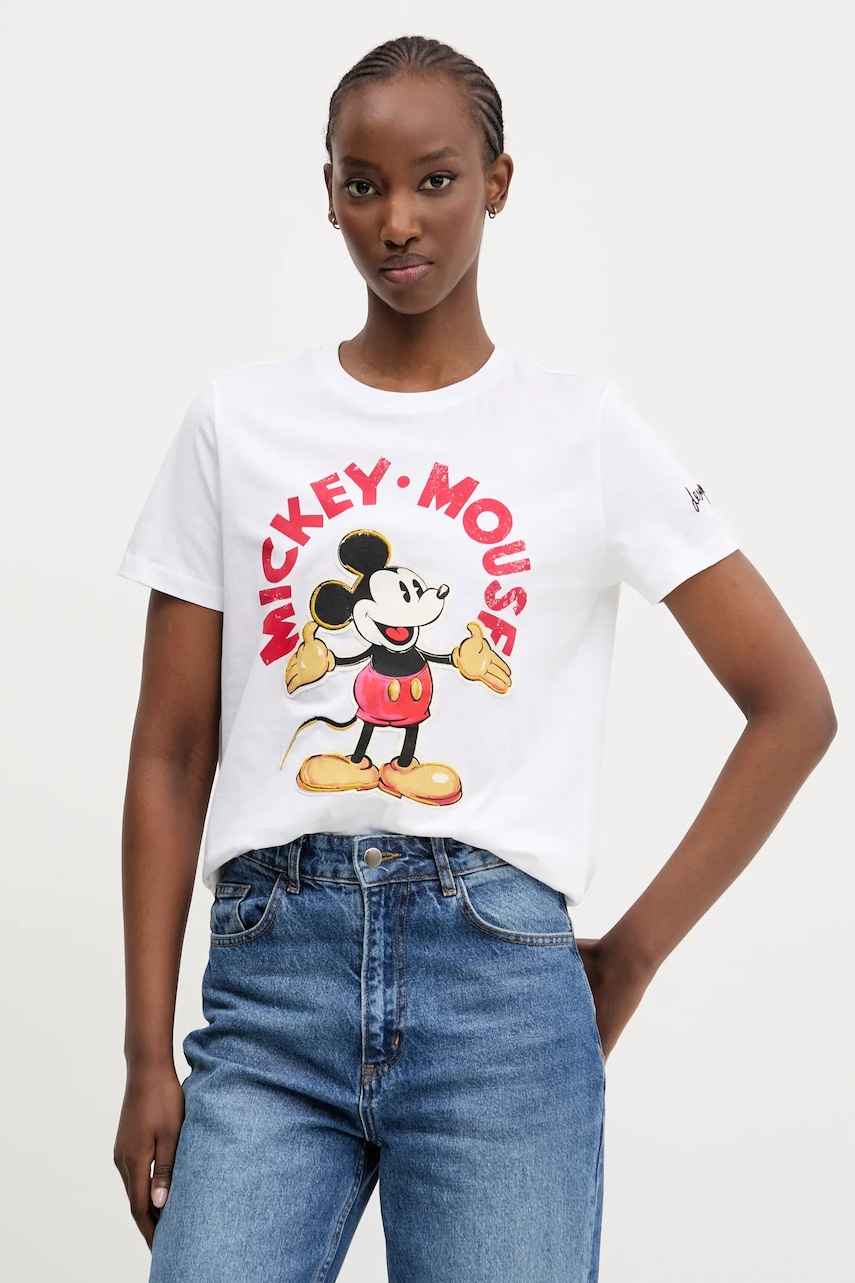 Βαμβακερό μπλουζάκι Desigual MICKEY MOUSE γυναικείο, χρώμα: άσπρο, 25SWTKAI