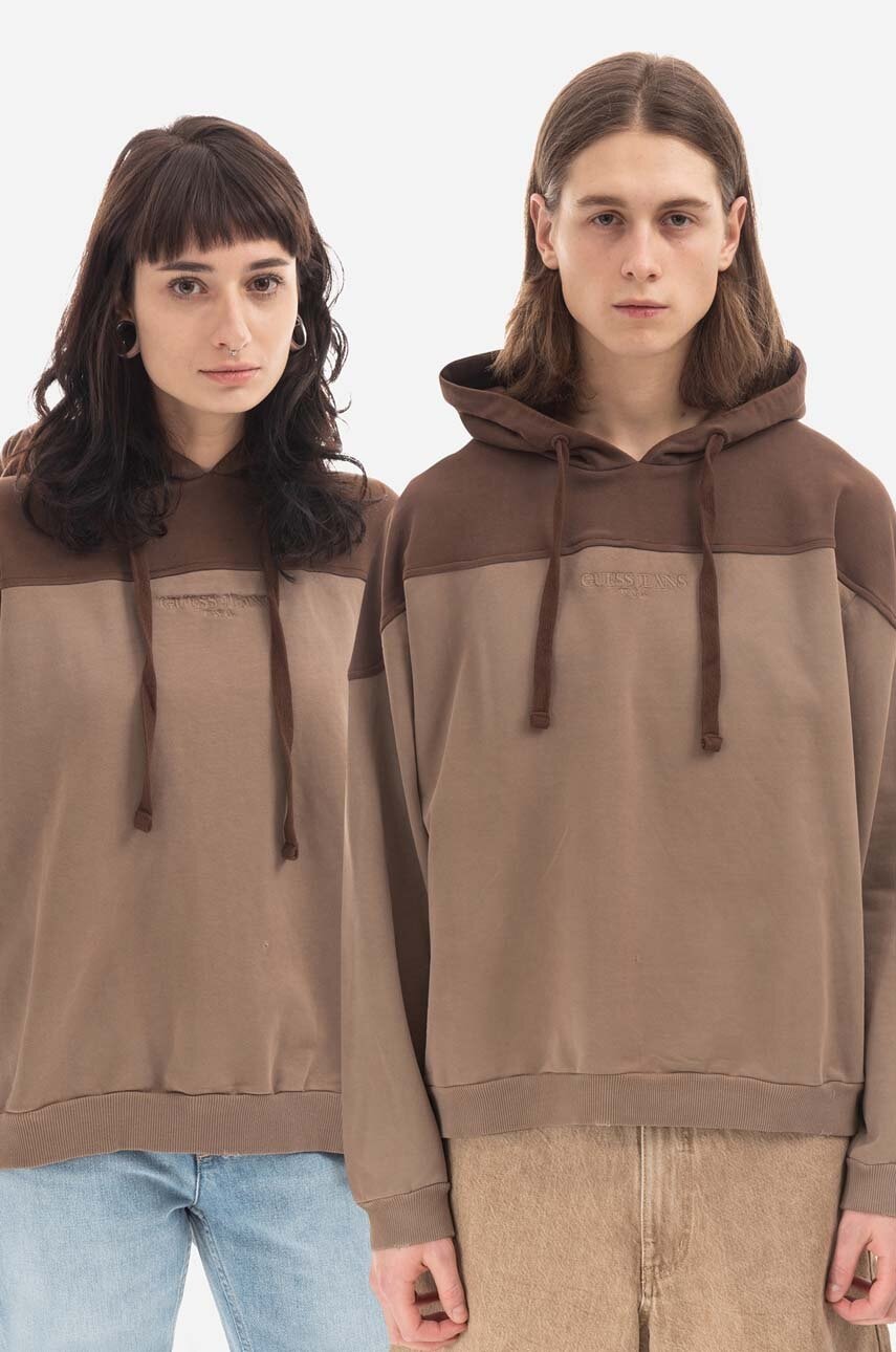 Βαμβακερή μπλούζα Guess χρώμα: καφέ, με κουκούλα, Bluza GUESS USA Two Tone Hoodie M2BQ02KBB40 A119 F3Bluza GUESS USA Two Tone Hoodie M2BQ02KBB40 A119