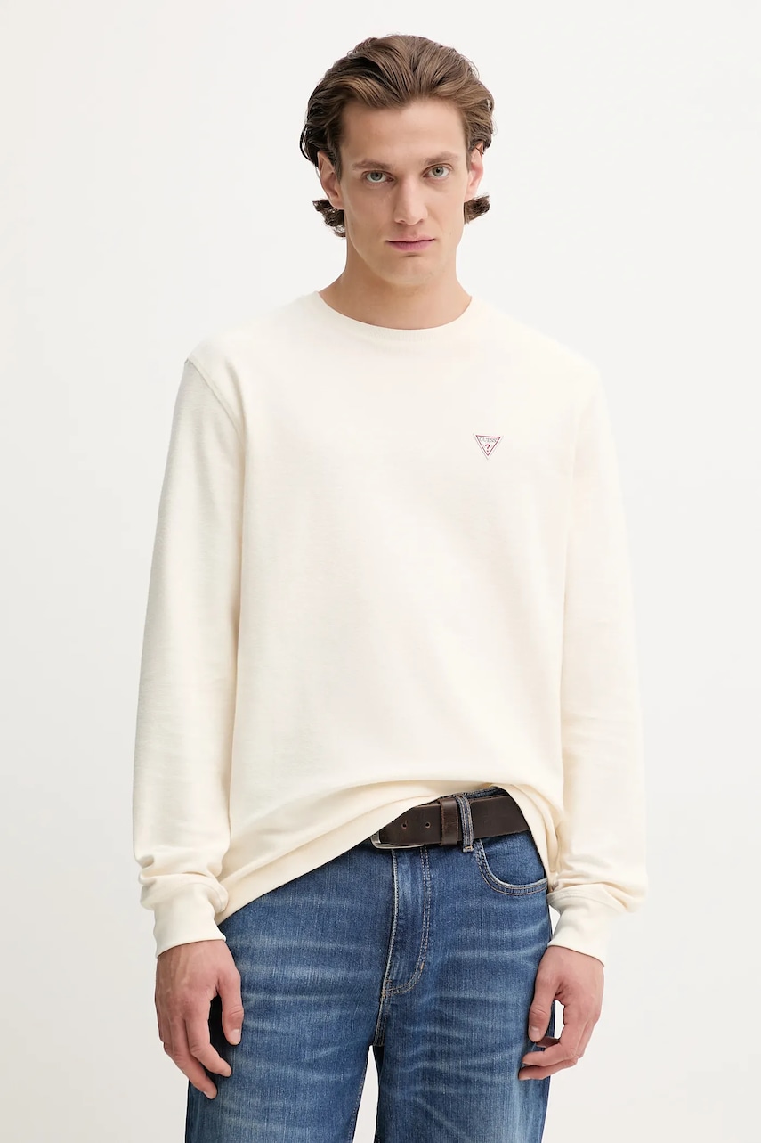 Βαμβακερή μπλούζα με μακριά μανίκια Guess Jeans χρώμα: μπεζ, M4BI77 KCII1