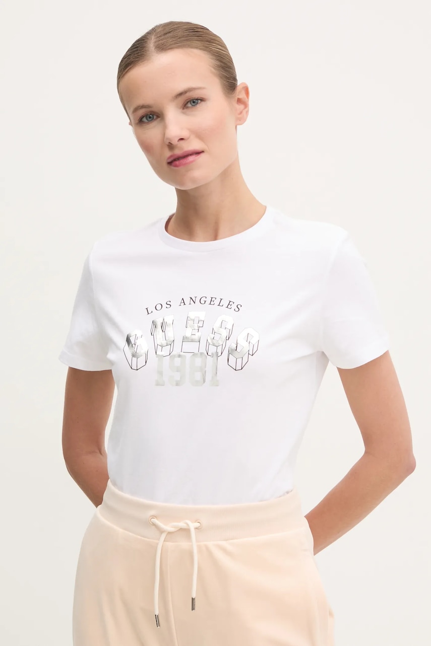 Βαμβακερό μπλουζάκι Guess MARTINA γυναικείο, χρώμα: άσπρο, V5RI06 I3Z14