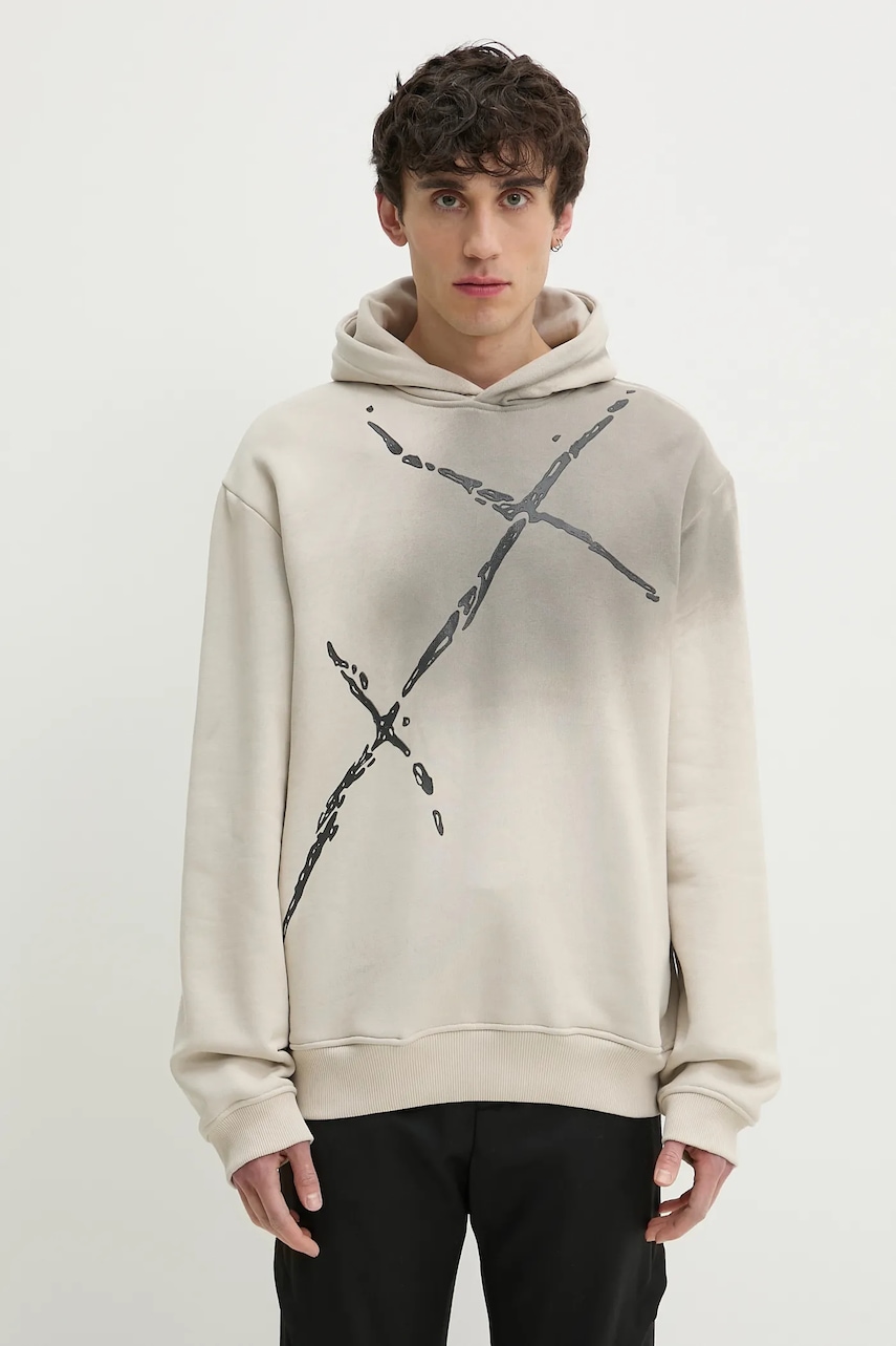 Βαμβακερή μπλούζα Heliot Emil χρώμα: μπεζ, με κουκούλα, PRESS25_M_08_072_ST18