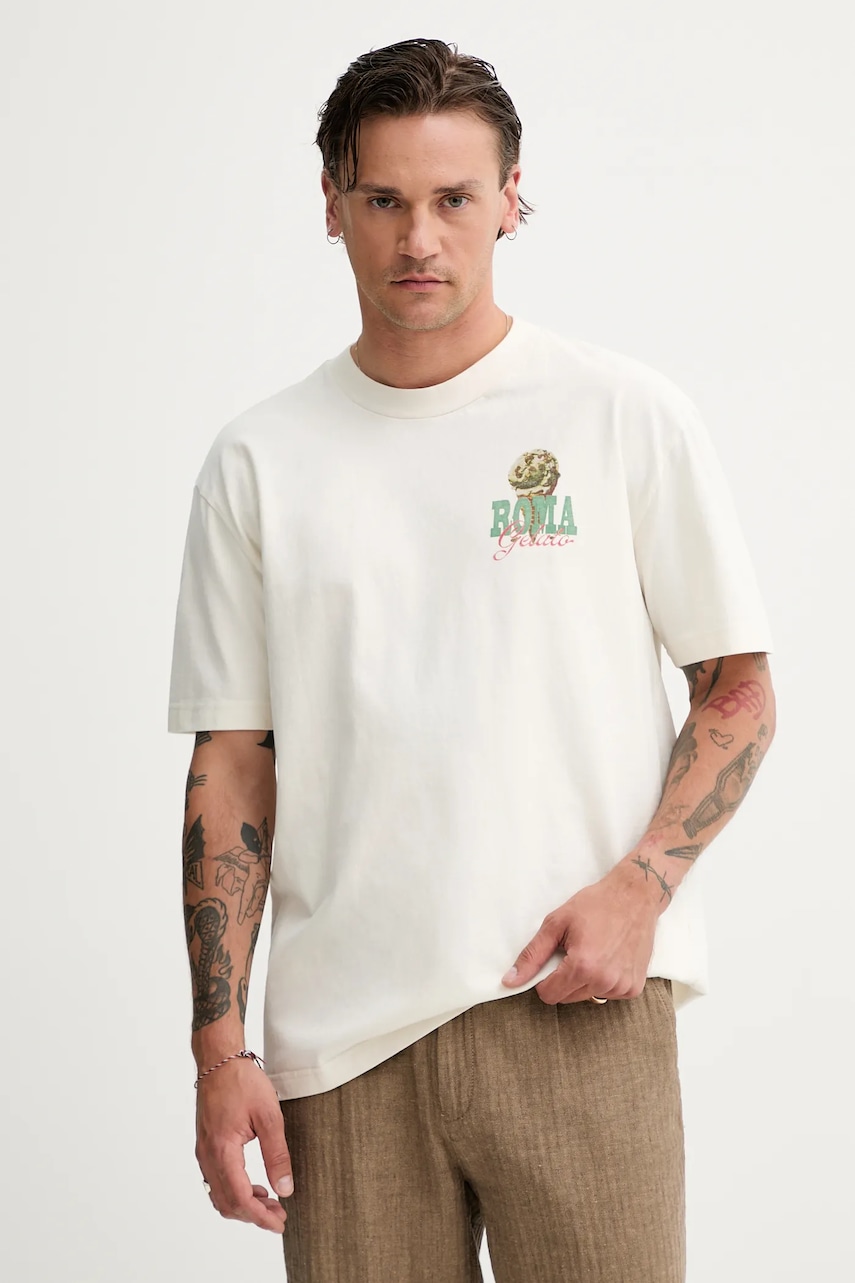 Βαμβακερό μπλουζάκι Hollister Co. ανδρικό, χρώμα: μπεζ, KI323-5271