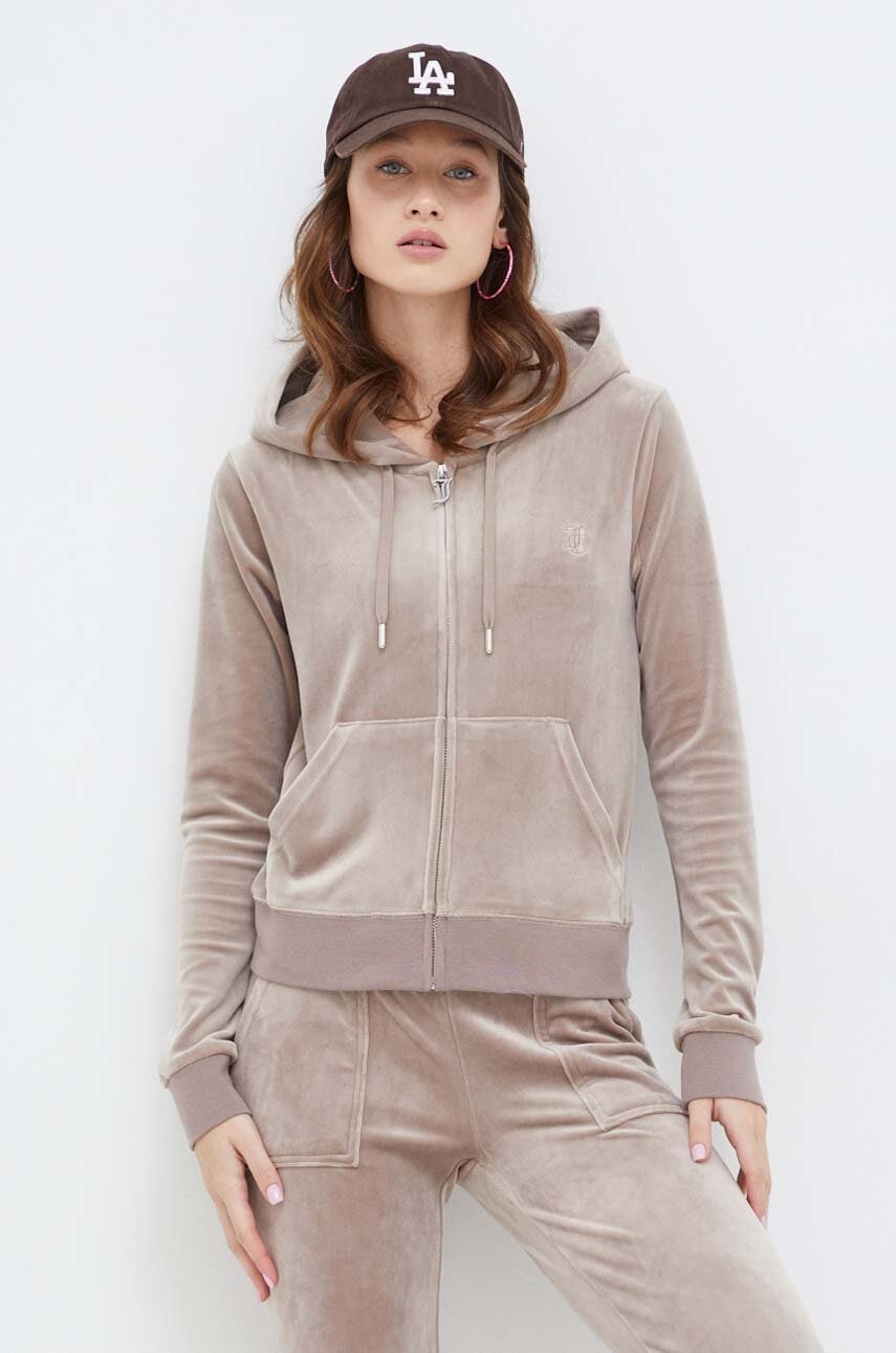 Βελούδινη μπλούζα Juicy Couture χρώμα: μπεζ, με κουκούλα