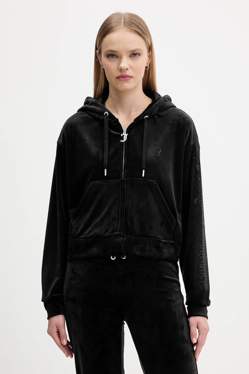 Βελούδινη μπλούζα Juicy Couture χρώμα: μαύρο, με κουκούλα, JCWAS225310