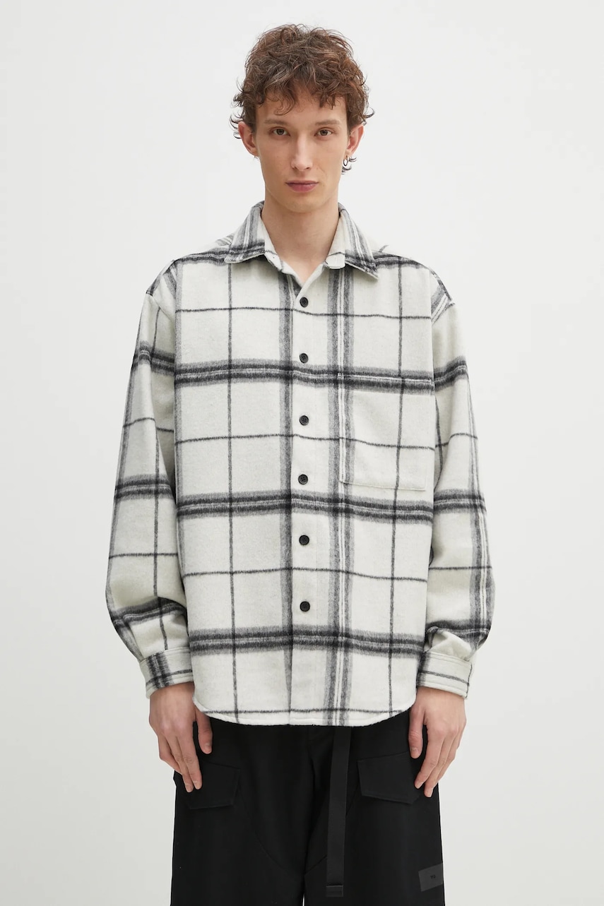 Πουκάμισο από μείγμα μαλλιού MKI MIYUKI ZOKU Check Flannel Shirt ανδρικό, χρώμα: μπεζ, CHECK.FLANNEL.SHIRT.OFF