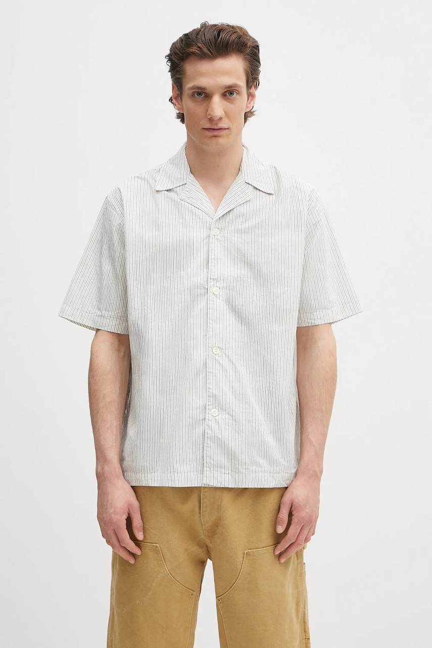 Βαμβακερό πουκάμισο Norse Projects Mads Poplin Stripe SS ανδρικό, χρώμα: άσπρο, N40.0831.0957