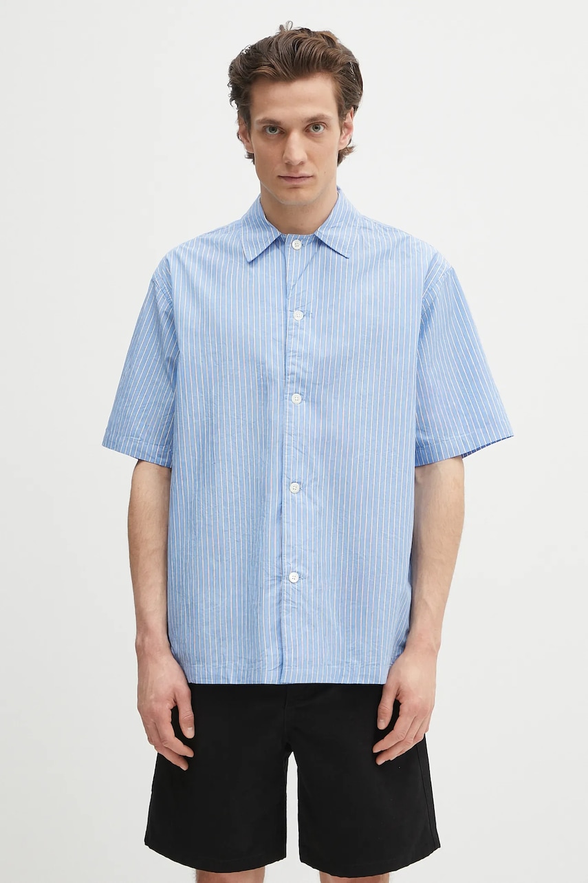 Βαμβακερό πουκάμισο Norse Projects Mads Poplin Stripe SS ανδρικό, χρώμα: μπλε, N40.0831.7000