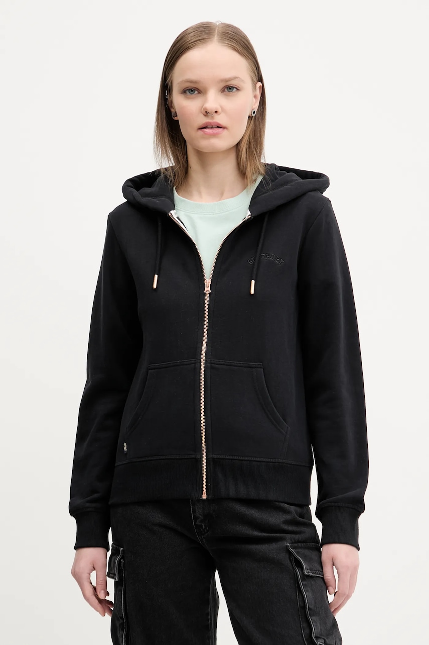 Βαμβακερή μπλούζα Superdry γυναικεία, χρώμα: μαύρο, με κουκούλα, W2012358A-02A