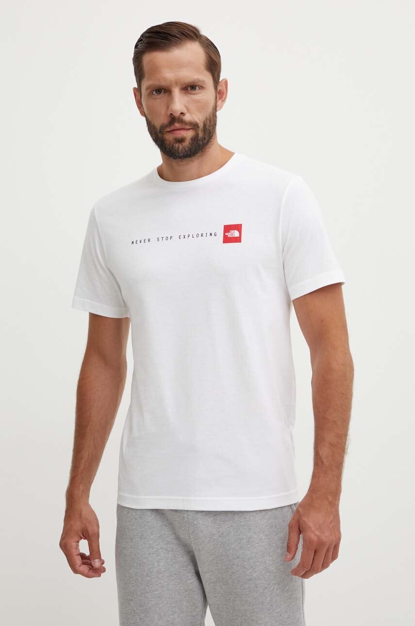Βαμβακερό μπλουζάκι The North Face M S/S Never Stop Exploring Tee ανδρικό, χρώμα: άσπρο, NF0A87NSFN41