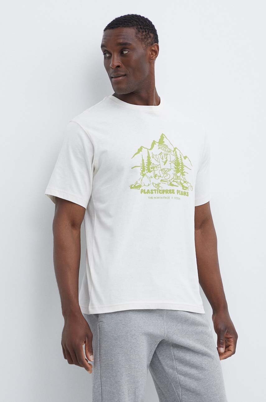 Βαμβακερό μπλουζάκι The North Face Patron Plasticfree Peaks ανδρικό, χρώμα: μπεζ, NF0A87DXQLI1