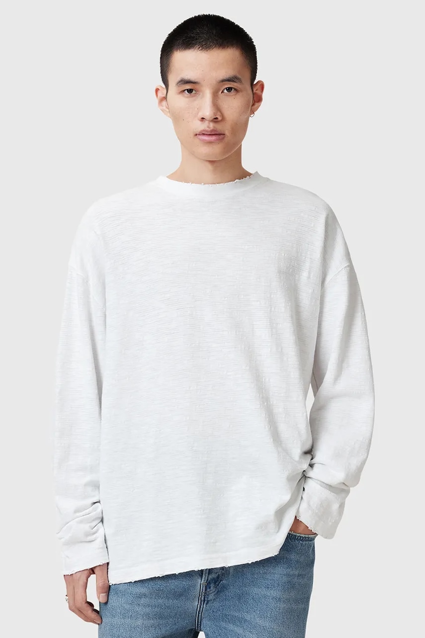 Βαμβακερή μπλούζα με μακριά μανίκια AllSaints FOSTER ανδρικό, χρώμα: άσπρο, M026JC