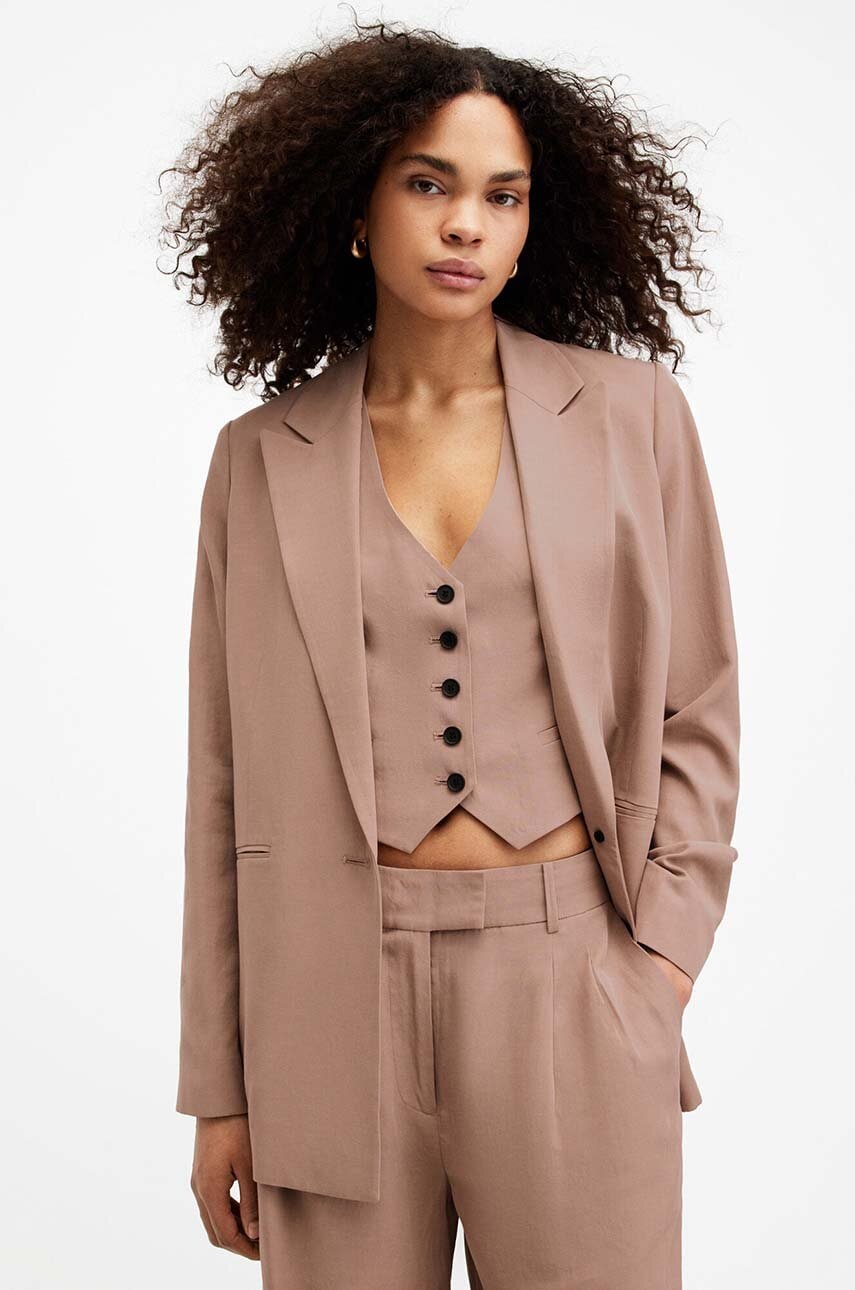 Blazer με μείγμα λινών AllSaints DERI LYN χρώμα: καφέ, WT521Z