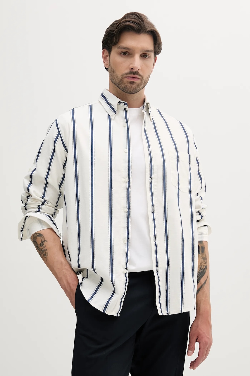 Πουκάμισο με μείγμα από λινό BOSS Orange ανδρικό, χρώμα: άσπρο, 50538296