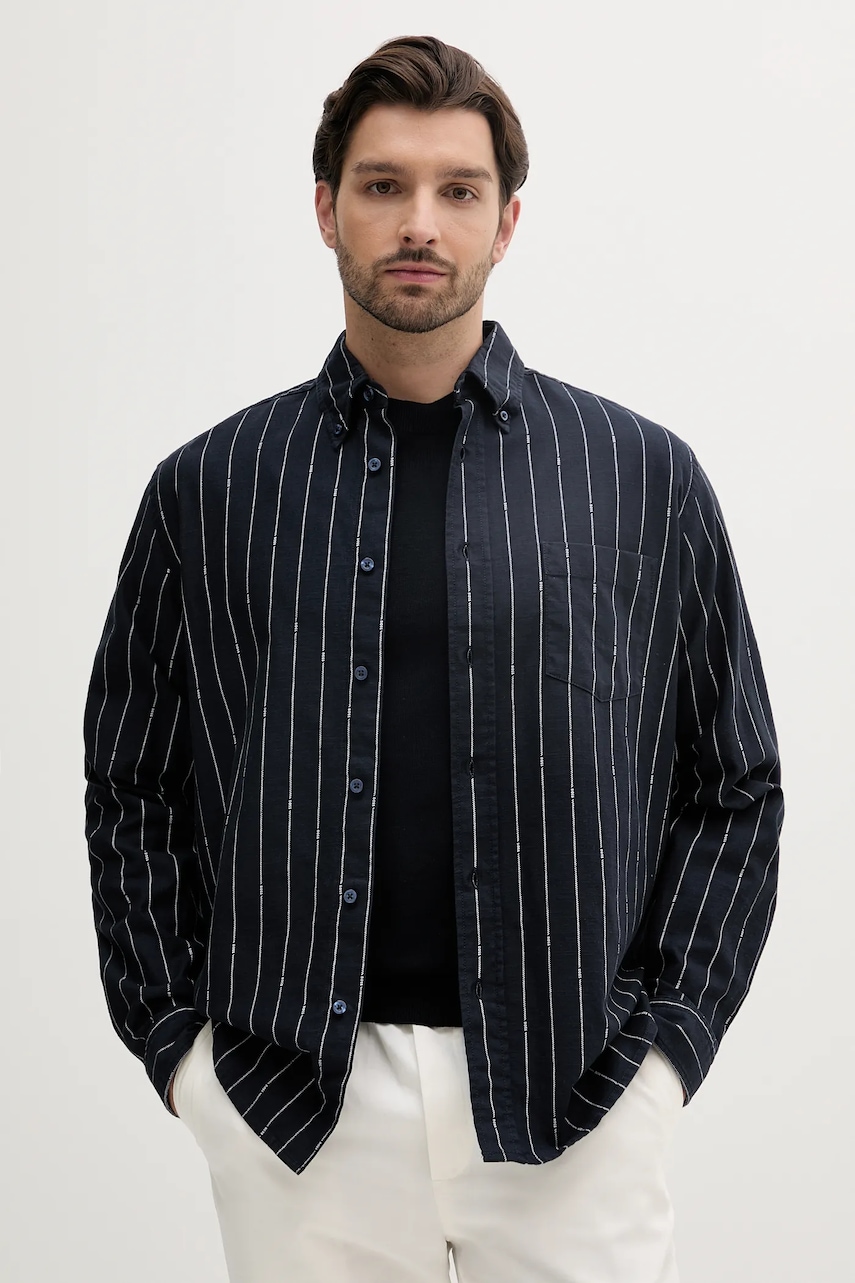 Πουκάμισο με μείγμα από λινό BOSS Orange ανδρικό, χρώμα: ναυτικό μπλε, 50538296