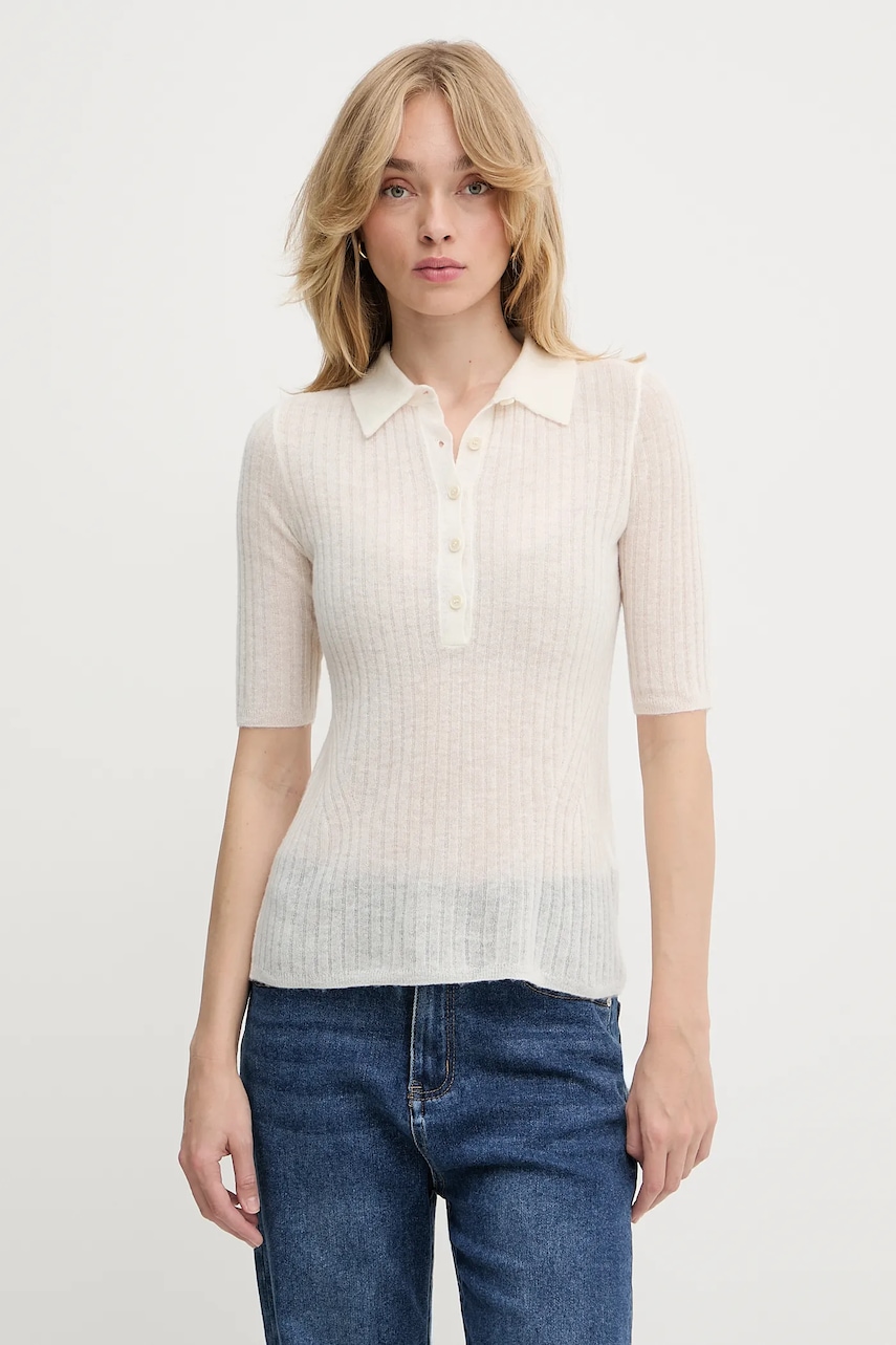 Μάλλινο πόλο BOSS Orange χρώμα: μπεζ, 50543977