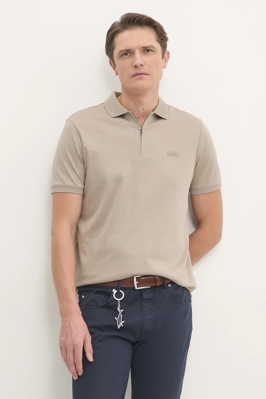 Βαμβακερό μπλουζάκι πόλο Calvin Klein χρώμα: μπεζ