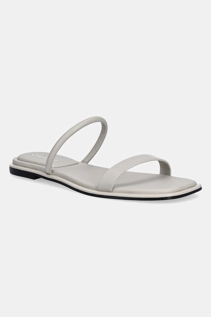 Δερμάτινες παντόφλες Calvin Klein FLAT SANDAL SQUARED 2-BAR LTH γυναικείες, χρώμα: γκρι, HW0HW02532