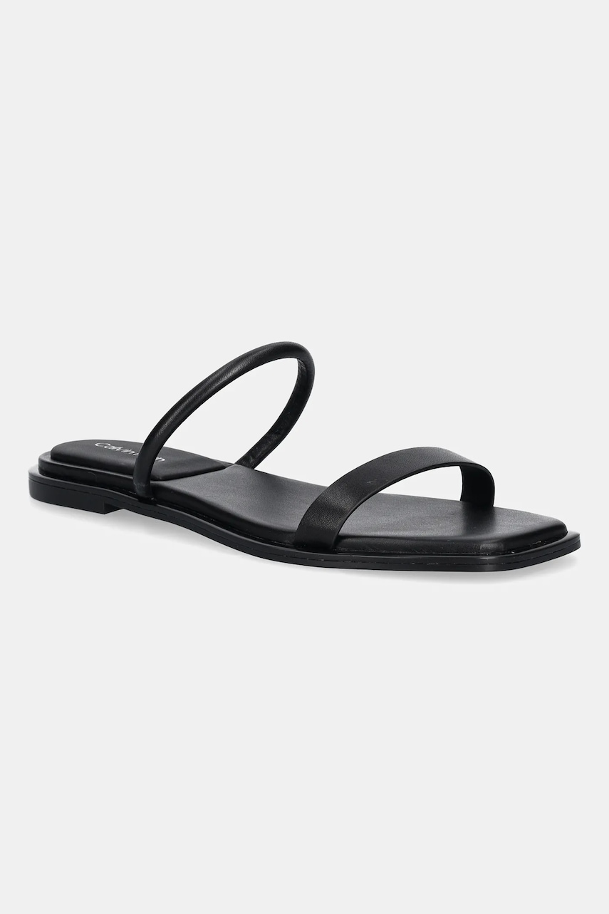 Δερμάτινες παντόφλες Calvin Klein FLAT SANDAL SQUARED 2-BAR LTH γυναικείες, χρώμα: μαύρο, HW0HW02532