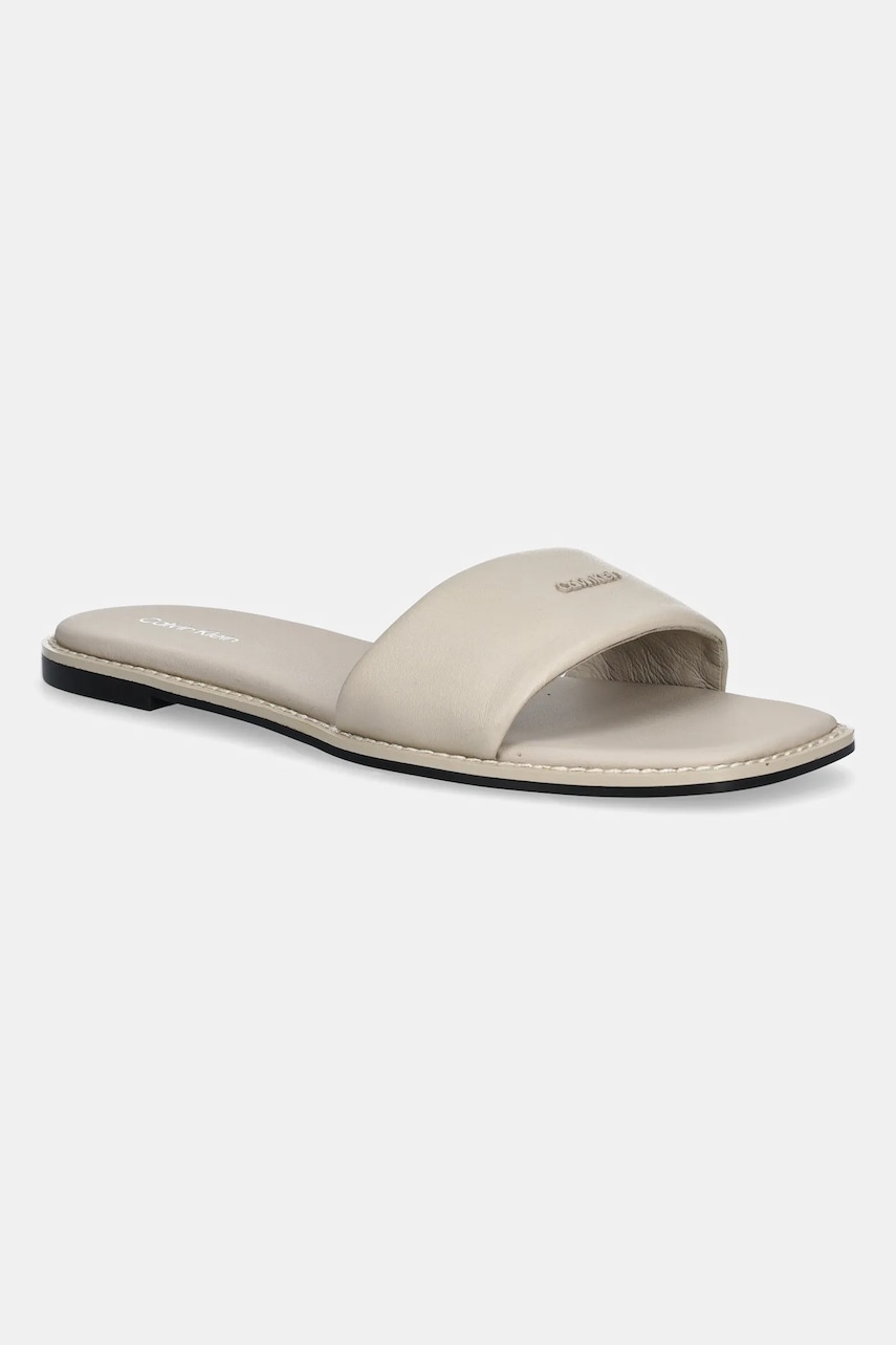 Δερμάτινες παντόφλες Calvin Klein FLAT SANDAL SQUARE HF LTH γυναικείες, χρώμα: μπεζ, HW0HW02652