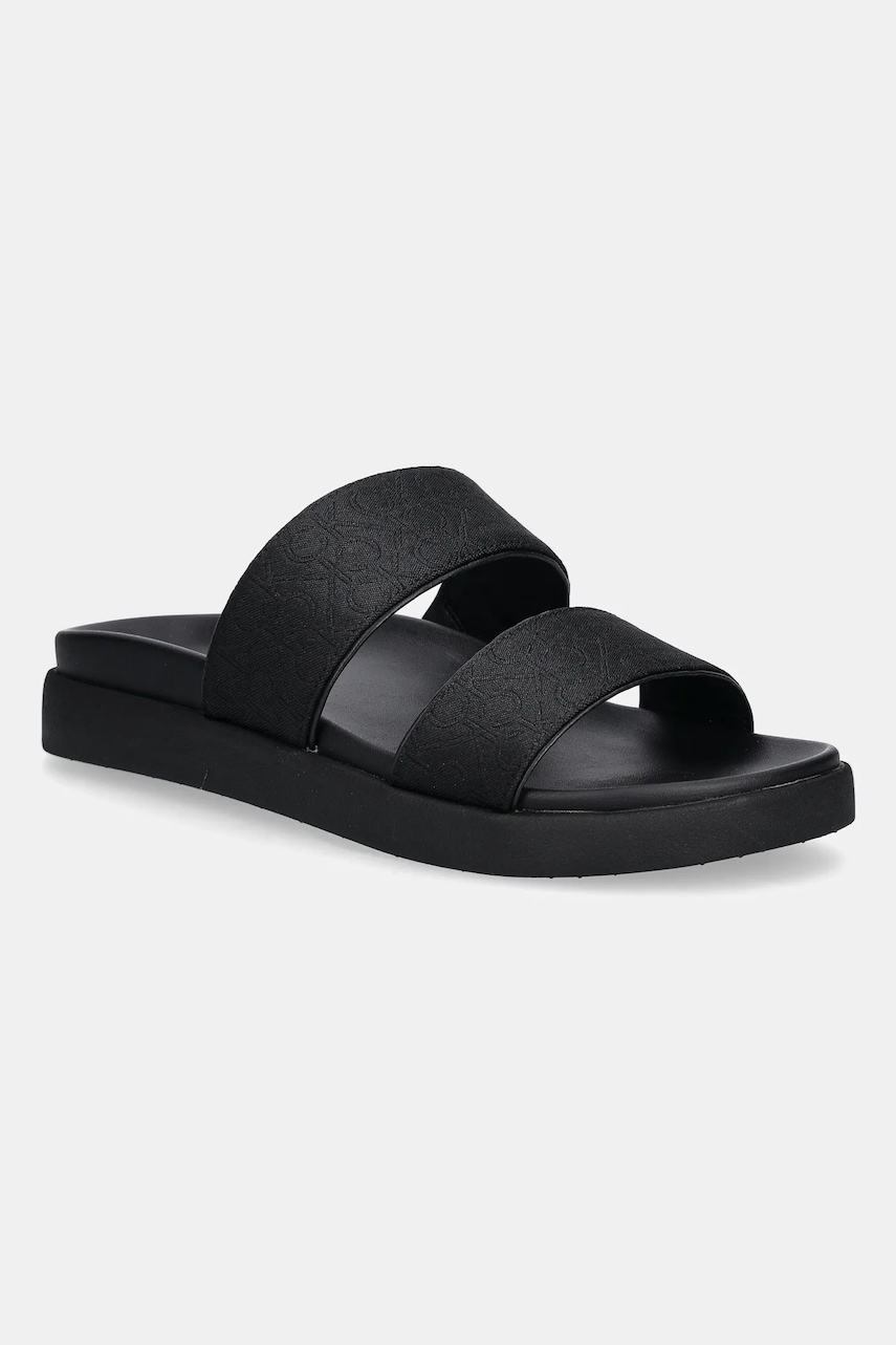Παντόφλες Calvin Klein FLAT SLIDE - JACQ χρώμα: μαύρο, HW0HW02486