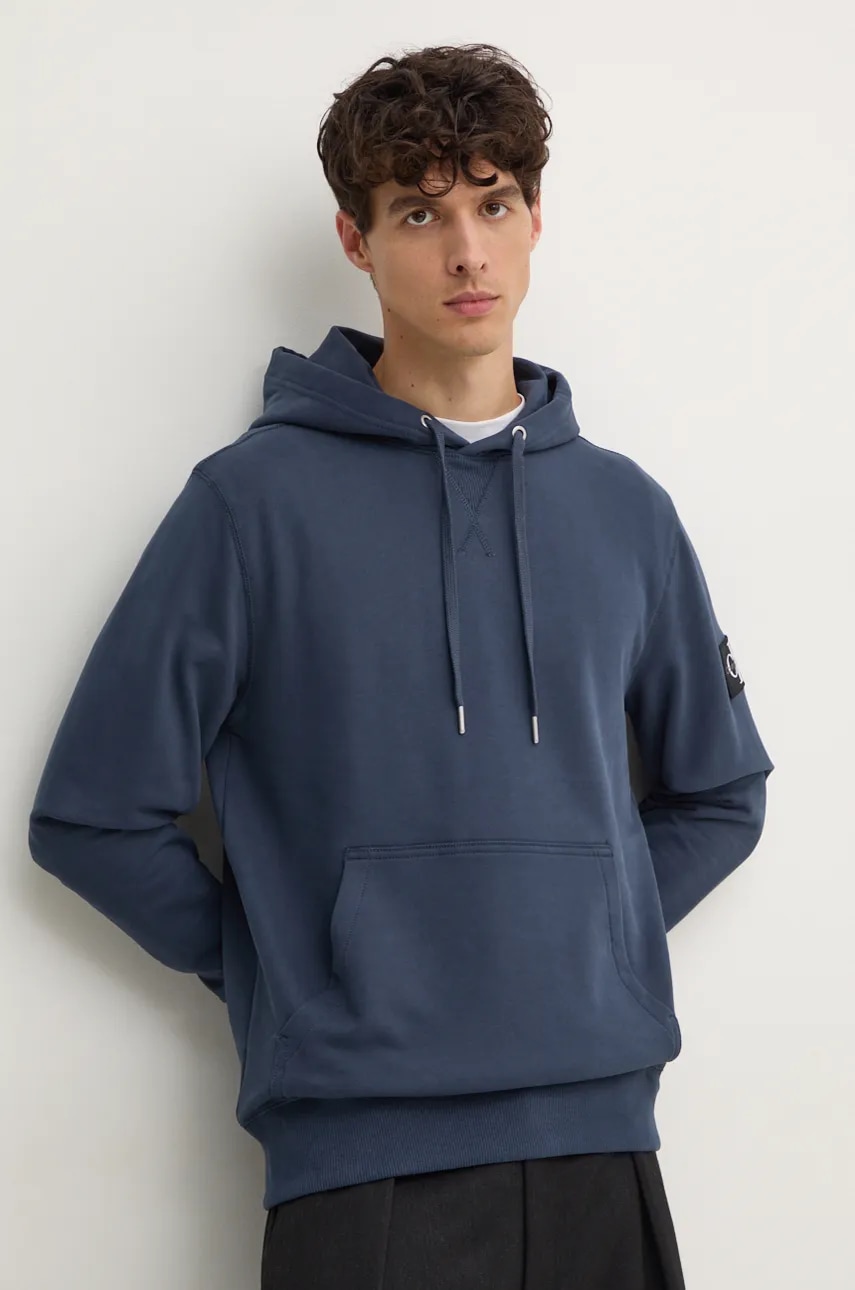 Βαμβακερή μπλούζα Calvin Klein Jeans χρώμα: ναυτικό μπλε, με κουκούλα, J30J323430