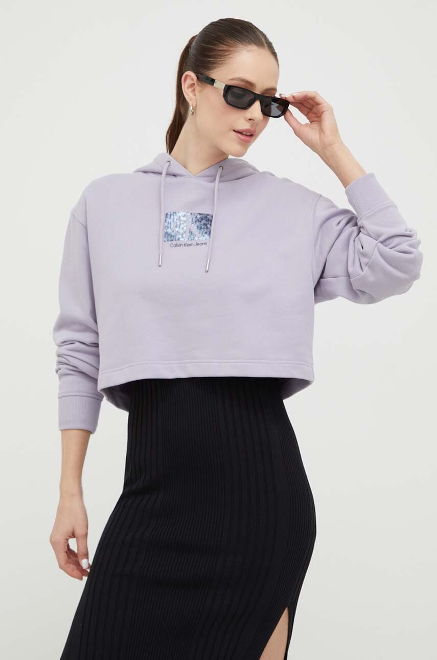 Βαμβακερή μπλούζα Calvin Klein Jeans γυναικεία, χρώμα: μοβ, με κουκούλα